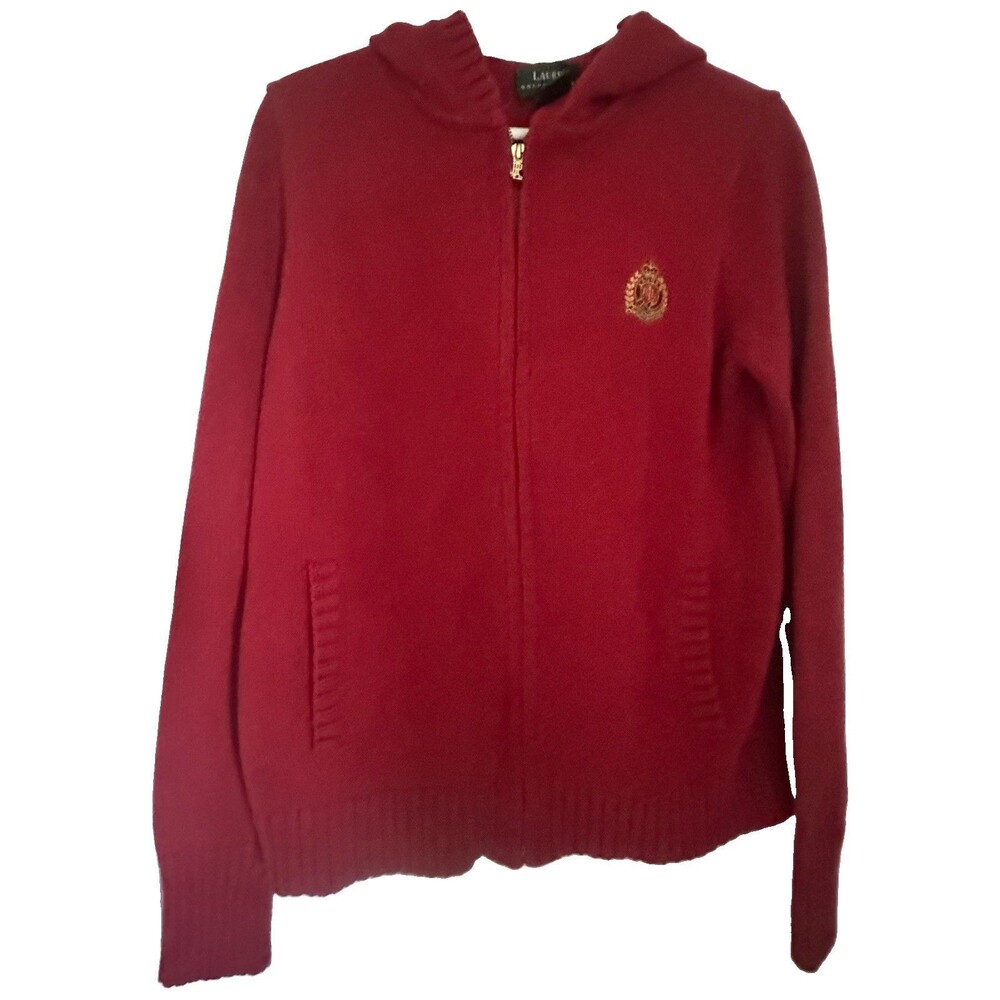 VTG 90S Y2K LAUREN RALPH LAUREN Crest Full Zip Knit Hooded Sweater Cotton SZ S